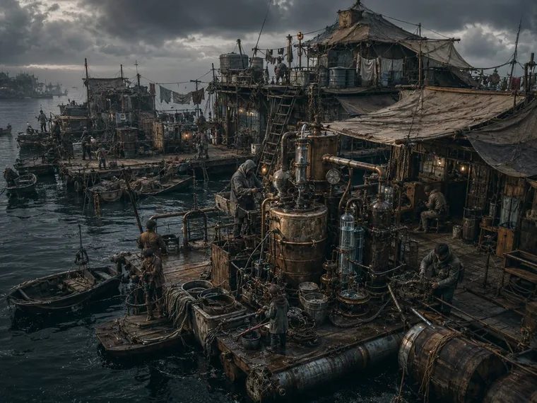 A works flotilla: stills, pumps and rigging lashed across rafted hulls
