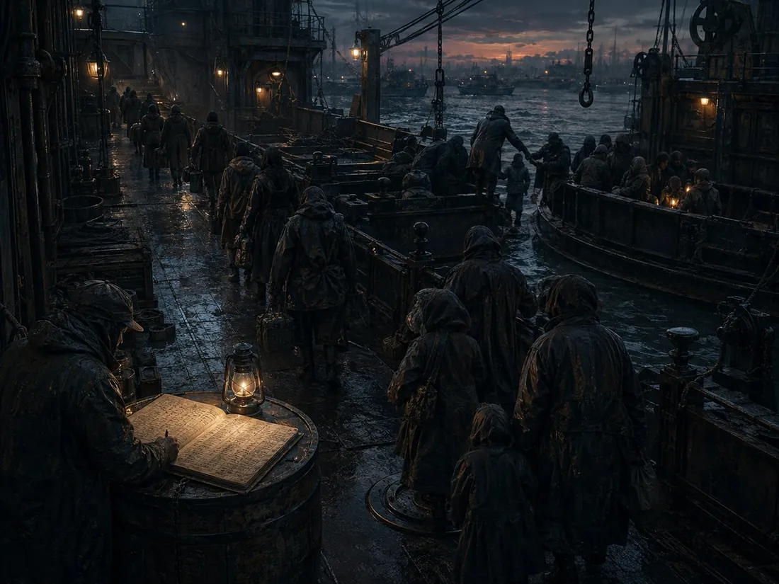 Dusk on a deck in the rain: a keeper writing in a ledger by lantern light while people file past with their belongings