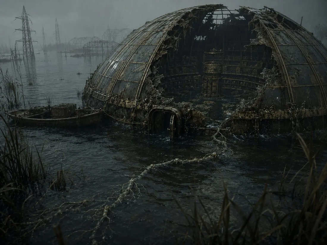 A great circular gyre works in daylight: rings of rafted platforms and mirrored panels stretching to the horizon, crewed by figures at the rail