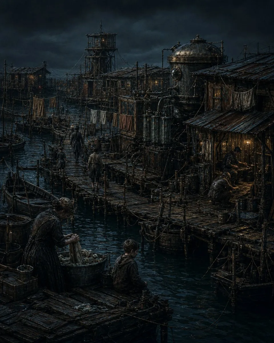 A floating settlement at night: walkways between rafted hulls, laundry strung between posts, a woman washing at a tub while a boy sits at the edge