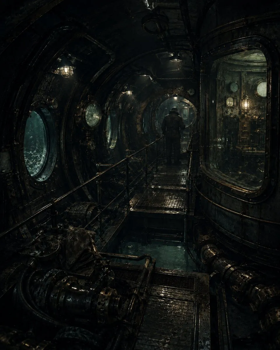 The interior of a pressure habitation: a lamplit passage of riveted plate and gauges, a figure walking away down the grating