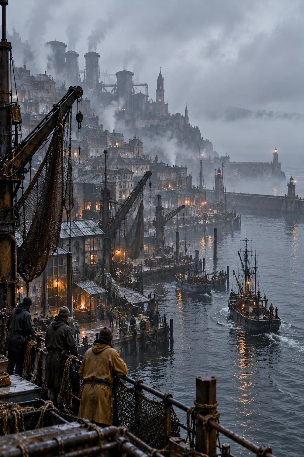 A terraced harbour city rising through smoke and fog above dark water, lamps burning along the quays, figures at a rail in the foreground and a boat under way.