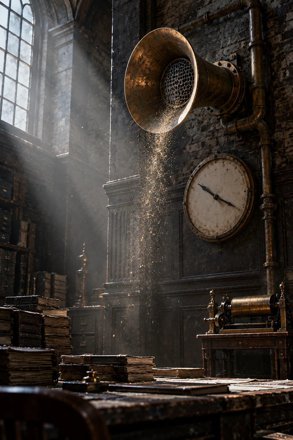 A brass relay horn mounted on a brick wall beside a large clock face, dust falling through a shaft of daylight into a wood-panelled chamber.