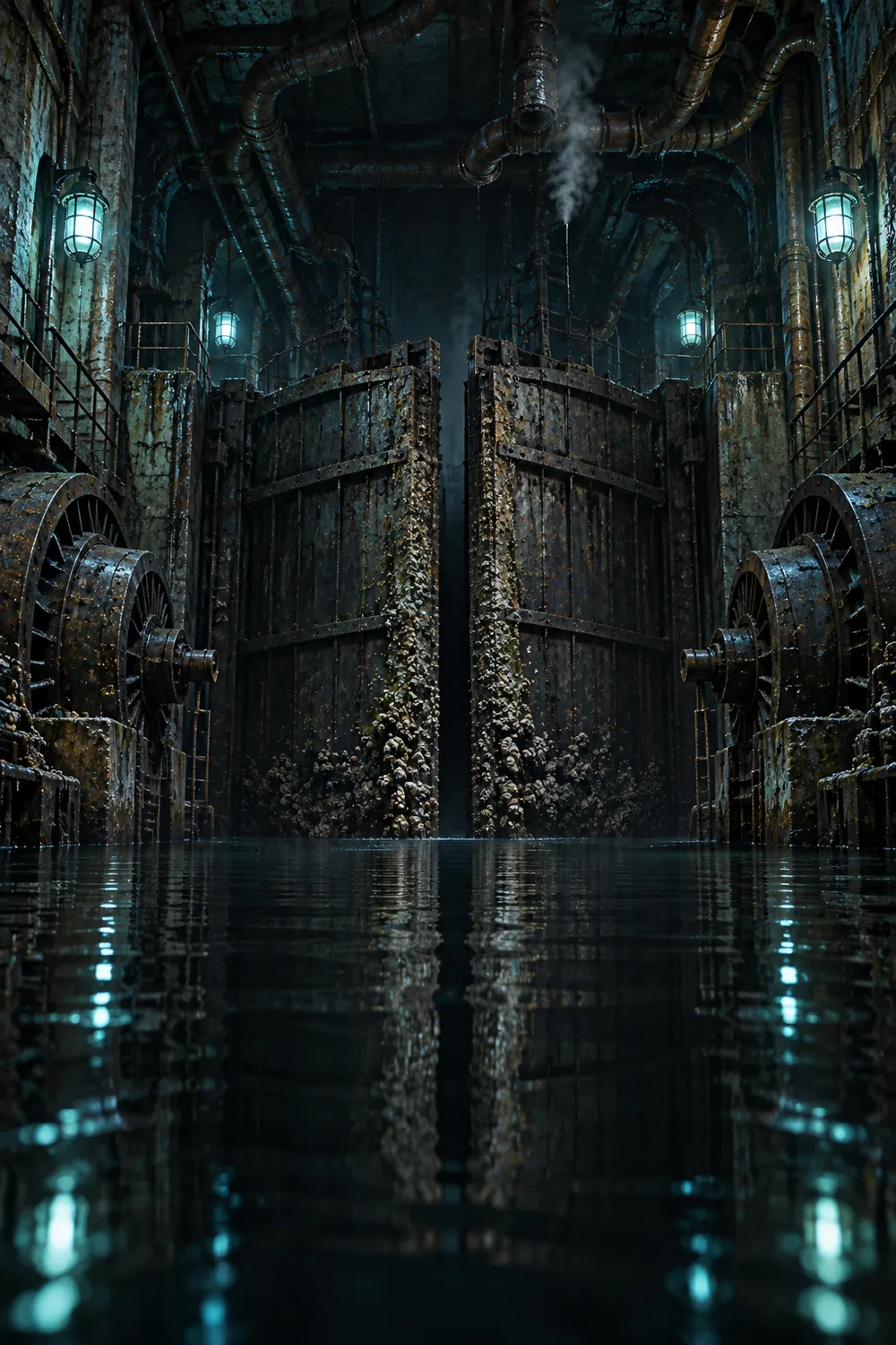 A flooded black chamber with two vast barnacled doors jammed half open, blue-green algae lamps burning along the walls and their light trembling on the water.