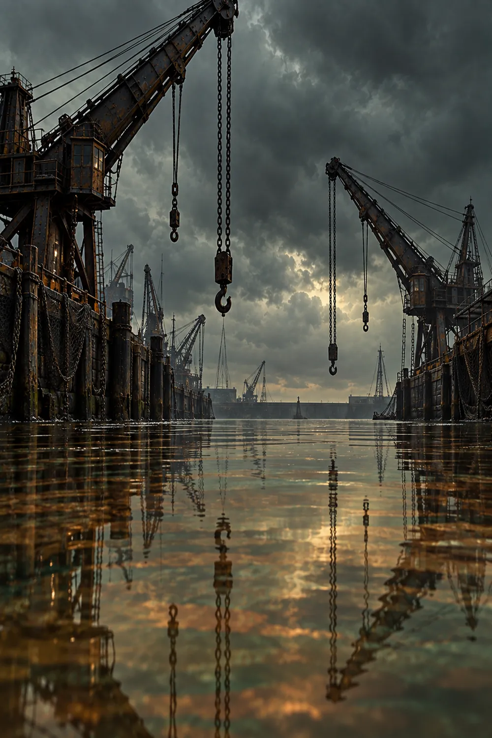 Dock cranes silhouetted against a bruised green and gold sky, chains hanging still, their reflections unbroken in flat water.