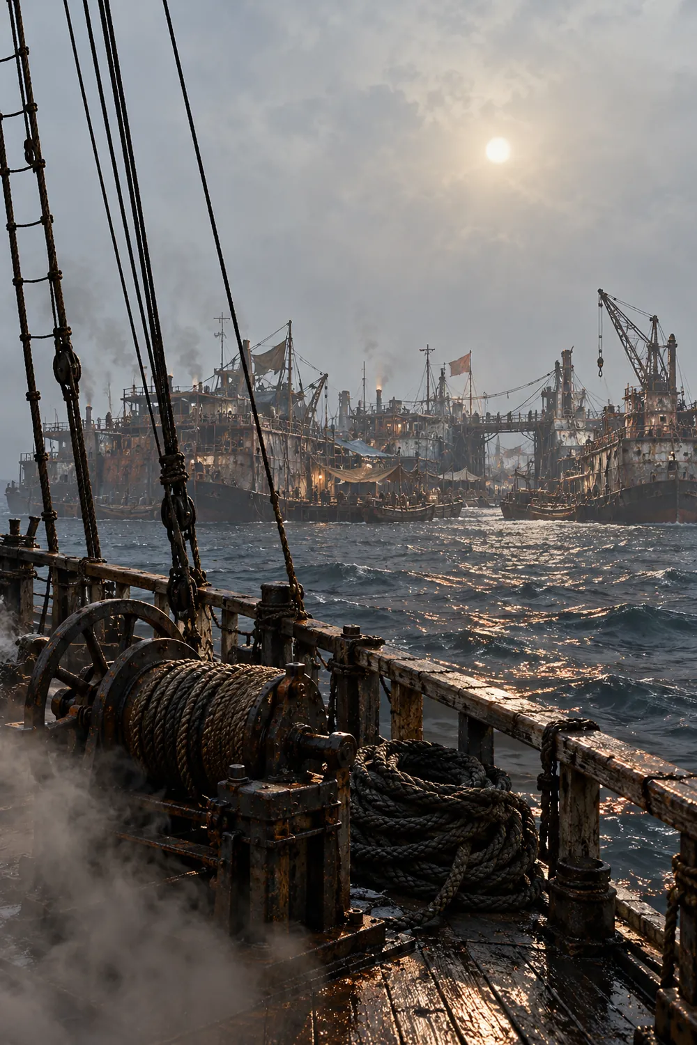 A ship's rail and capstan in the foreground, rope coiled on a wet deck, and beyond it a raft city of lashed hulls, cranes and flags under a pale sun.