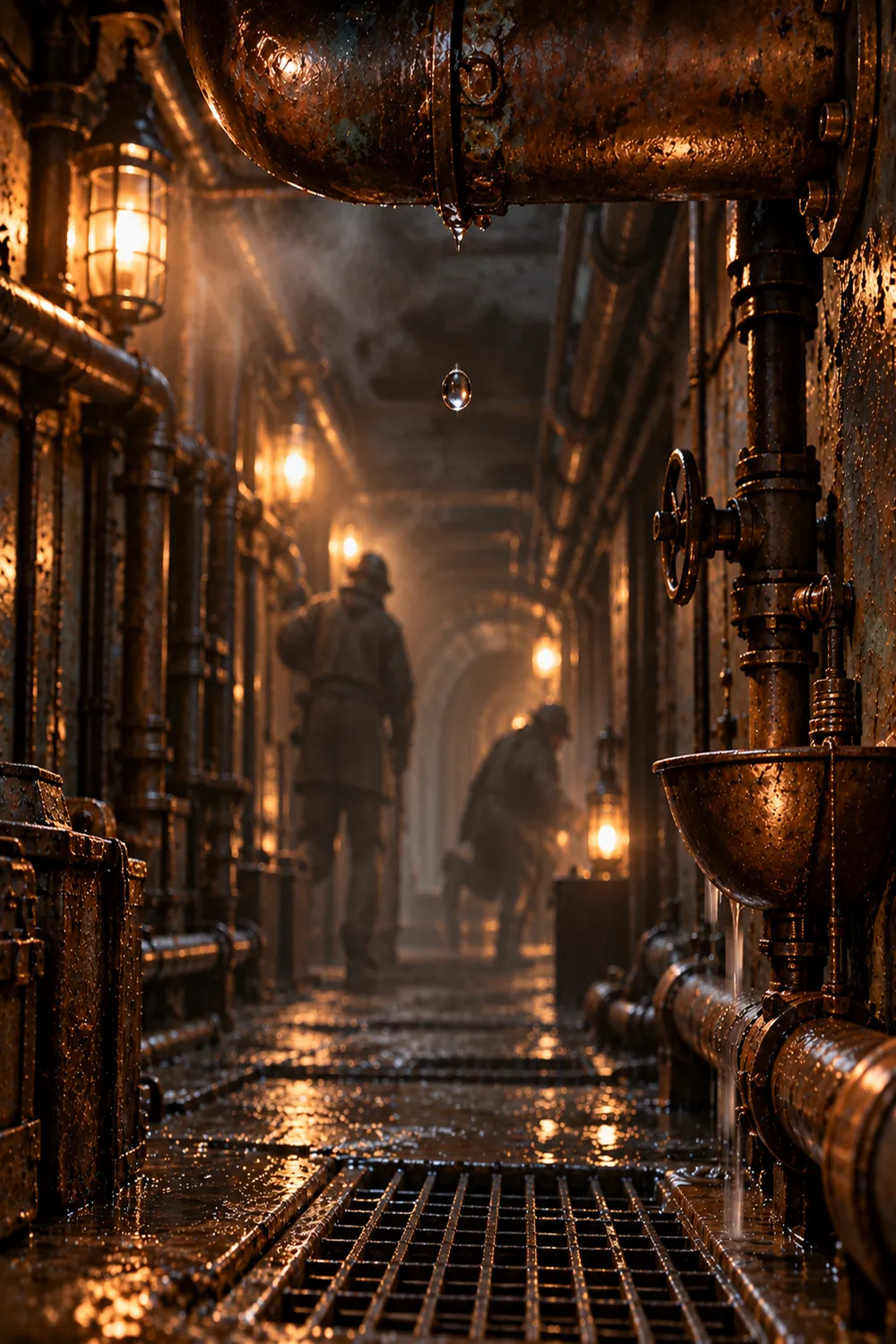 A narrow underdeck corridor lined with brass pipes and hanging lamps, a grated floor running away into warm light, two figures walking ahead.